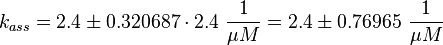 k_{ass} = 2.4 \pm 0.320687 \cdot 2.4\ \frac{1}{\mu M} = 2.4 \pm 0.76965\ \frac{1}{\mu M}