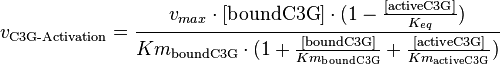 v_{\text{C3G-Activation}}=\frac{v_{max} \cdot [\text{boundC3G}] \cdot (1-\frac{[\text{activeC3G}]}{K_{eq}})}{Km_{\text{boundC3G}} \cdot (1 + \frac{[\text{boundC3G}]}{Km_{\text{boundC3G}}} + \frac{[\text{activeC3G}]}{Km_{\text{activeC3G}}})}