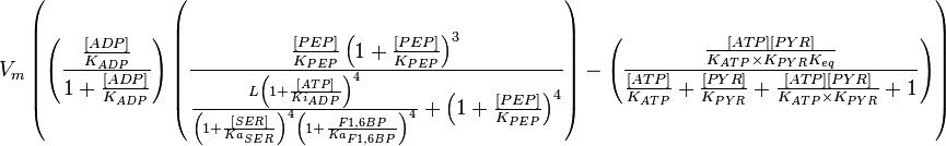 V_m \left( \left(\frac{\frac{[ADP]}{K_{ADP}}}{1+\frac{[ADP]}{K_{ADP}}}\right) \left( \frac{\frac{[PEP]}{K_{PEP}}\left( 1+\frac{[PEP]}{K_{PEP}}  \right)^3 }{ \frac{L \left( 1 + \frac{[ATP]}{Ki_{ADP}} \right)^4 }{ \left( 1 + \frac{[SER]}{Ka_{SER}} \right)^4 \left(  1 + \frac{F1,6BP}{Ka_{F1,6BP}} \right)^4  } + \left( 1 + \frac{[PEP]}{K_{PEP}} \right)^4} \right) - \left( \frac{\frac{[ATP][PYR]}{K_{ATP} \times K_{PYR}K_{eq}}}{\frac{[ATP]}{K_{ATP}} + \frac{[PYR]}{K_{PYR}} + \frac{[ATP][PYR]}{K_{ATP} \times K_{PYR} } + 1} \right)  \right)