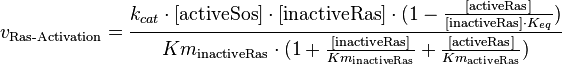 v_{\text{Ras-Activation}} = \frac{k_{cat} \cdot [\text{activeSos}] \cdot [\text{inactiveRas}] \cdot (1-\frac{[\text{activeRas}]}{[\text{inactiveRas}] \cdot K_{eq}})}{Km_{\text{inactiveRas}} \cdot (1 + \frac{[\text{inactiveRas}]}{Km_{\text{inactiveRas}}} + \frac{[\text{activeRas}]}{Km_{\text{activeRas}}})}