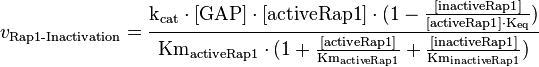 v_{\text{Rap1-Inactivation}} = \frac{\text{k}_{\text{cat}} \cdot [\text{GAP}] \cdot [\text{activeRap1}] \cdot (1-\frac{[\text{inactiveRap1}]}{[\text{activeRap1}] \cdot \text{K}_{\text{eq}}})}{\text{Km}_{\text{activeRap1}} \cdot (1 + \frac{[\text{activeRap1}]}{\text{Km}_{\text{activeRap1}}} + \frac{[\text{inactiveRap1}]}{\text{Km}_{\text{inactiveRap1}}})} 