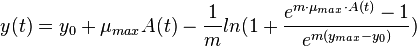 y(t)=y_0+ \mu_{max}A(t)-\frac{1}{m}ln(1+\frac{e^{m \cdot \mu_{max} \cdot A(t)}-1}{e^{m(y_{max}-y_0)}})