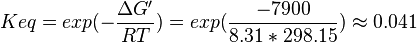 Keq = exp(-\frac{\Delta G'}{RT}) = exp(\frac{-7900}{8.31*298.15}) \approx 0.041