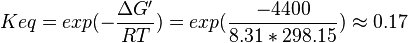 Keq = exp(-\frac{\Delta G'}{RT}) = exp(\frac{-4400}{8.31*298.15}) \approx 0.17