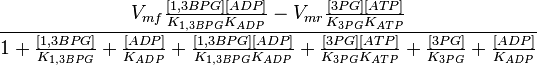  \frac{V_{mf}\frac{[1,3BPG][ADP]}{K_{1,3BPG} K_{ADP}} - V_{mr}\frac{[3PG][ATP]}{K_{3PG} K_{ATP}}}{1 + \frac{[1,3BPG]}{K_{1,3BPG}} + \frac{[ADP]}{K_{ADP}} + \frac{[1,3BPG][ADP]}{K_{1,3BPG} K_{ADP}} + \frac{[3PG][ATP]}{K_{3PG} K_{ATP}} + \frac{[3PG]}{K_{3PG}} + \frac{[ADP]}{K_{ADP}} } 