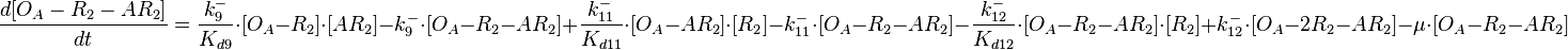  \frac{d[O_{A}-R_{2}-AR_{2}]}{dt}=\frac{k^{-}_{9}}{K_{d9}}\cdot [O_{A}-R_{2}]\cdot [AR_{2}] - k^{-}_{9}\cdot [O_{A}-R_{2}-AR_{2}]+\frac{k^{-}_{11}}{K_{d11}}\cdot [O_{A}-AR_{2}]\cdot [R_{2}] - k^{-}_{11}\cdot [O_{A}-R_{2}-AR_{2}]-\frac{k^{-}_{12}}{K_{d12}}\cdot [O_{A}-R_{2}-AR_{2}]\cdot [R_{2}] + k^{-}_{12}\cdot [O_{A}-2R_{2}-AR_{2}]-\mu\cdot[O_{A}-R_{2}-AR_{2}]