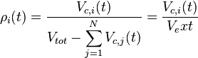 \rho_{i}(t)= \frac{V_{c,i}(t)}{V_{tot}- \displaystyle\sum_{j=1}^{N}V_{c,j}(t)}= \frac{V_{c,i}(t)}{V_ext} 
