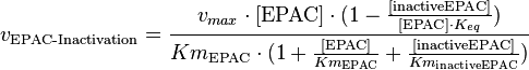 v_{\text{EPAC-Inactivation}} = \frac{v_{max} \cdot [\text{EPAC}] \cdot (1-\frac{[\text{inactiveEPAC}]}{[\text{EPAC}] \cdot K_{eq}})}{Km_{\text{EPAC}} \cdot (1 + \frac{[\text{EPAC}]}{Km_{\text{EPAC}}} + \frac{[\text{inactiveEPAC}]}{Km_{\text{inactiveEPAC}}})}