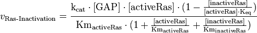 v_{\text{Ras-Inactivation}} = \frac{\text{k}_{\text{cat}} \cdot [\text{GAP}] \cdot [\text{activeRas}] \cdot (1-\frac{[\text{inactiveRas}]}{[\text{activeRas}] \cdot \text{K}_{\text{eq}}})}{\text{Km}_{\text{activeRas}} \cdot (1 + \frac{[\text{activeRas}]}{\text{Km}_{\text{activeRas}}} + \frac{[\text{inactiveRas}]}{\text{Km}_{\text{inactiveRas}}})} 