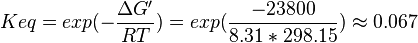 Keq = exp(-\frac{\Delta G'}{RT}) = exp(\frac{-23800}{8.31*298.15}) \approx 0.067