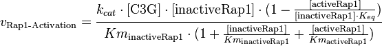v_{\text{Rap1-Activation}} = \frac{k_{cat} \cdot [\text{C3G}] \cdot [\text{inactiveRap1}] \cdot (1-\frac{[\text{activeRap1}]}{[\text{inactiveRap1}] \cdot K_{eq}})}{Km_{\text{inactiveRap1}} \cdot (1 + \frac{[\text{inactiveRap1}]}{Km_{\text{inactiveRap1}}} + \frac{[\text{activeRap1}]}{Km_{\text{activeRap1}}})}