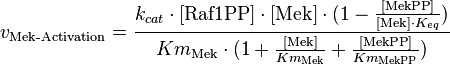 v_{\text{Mek-Activation}} = \frac{k_{cat} \cdot [\text{Raf1PP}] \cdot [\text{Mek}] \cdot (1-\frac{[\text{MekPP}]}{[\text{Mek}] \cdot K_{eq}})}{Km_{\text{Mek}} \cdot (1 + \frac{[\text{Mek}]}{Km_{\text{Mek}}} + \frac{[\text{MekPP}]}{Km_{\text{MekPP}}})}