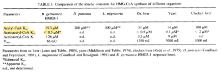 Km values for Acetyl-CoA and Acetoacetyl-CoA
